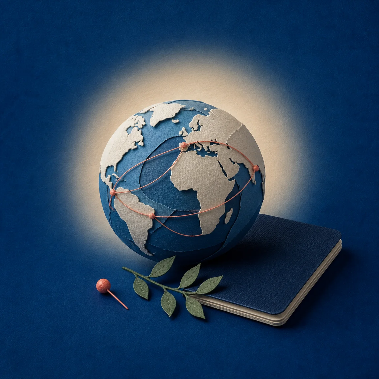A paper globe with thread routes resting on a dark notebook